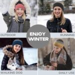A woman wearing a Sukeen Double-Layer Ear Warmer Headband in Black Gray, smiling while outdoors in winter.