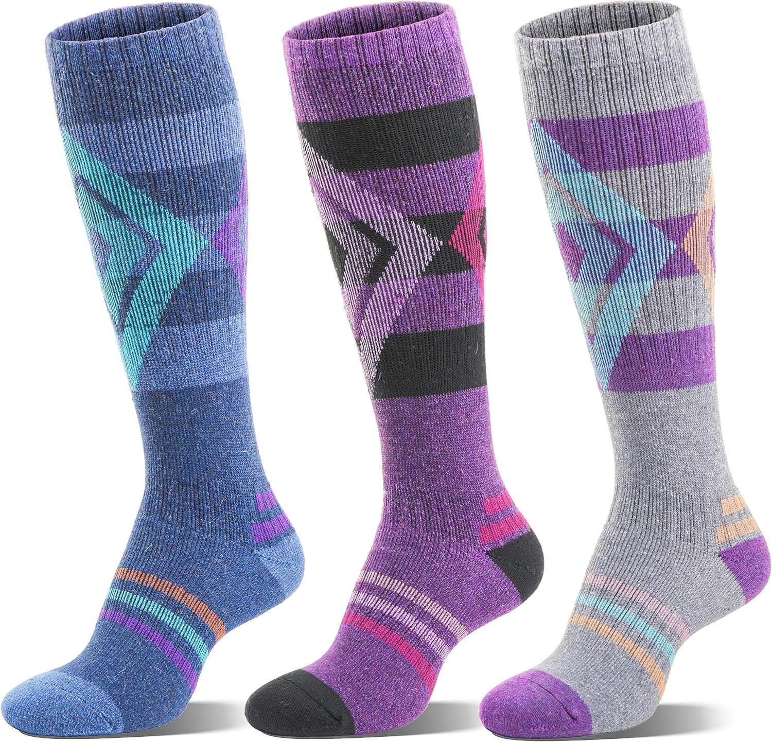 welwoos-3-pairs-merino-wool-thermal-ski-socks-for-men-women-01 Three pairs of striped Welwoos Merino wool thermal ski socks in blue, purple, and grey, folded neatly.