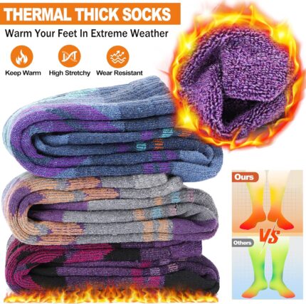 Three pairs of striped Welwoos Merino wool thermal ski socks in blue, purple, and grey, folded neatly.