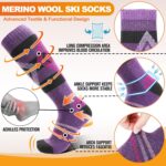 Three pairs of striped Welwoos Merino wool thermal ski socks in blue, purple, and grey, folded neatly.