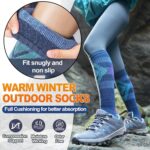 Three pairs of striped Welwoos Merino wool thermal ski socks in blue, purple, and grey, folded neatly.