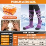 Three pairs of striped Welwoos Merino wool thermal ski socks in blue, purple, and grey, folded neatly.
