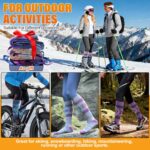 Three pairs of striped Welwoos Merino wool thermal ski socks in blue, purple, and grey, folded neatly.