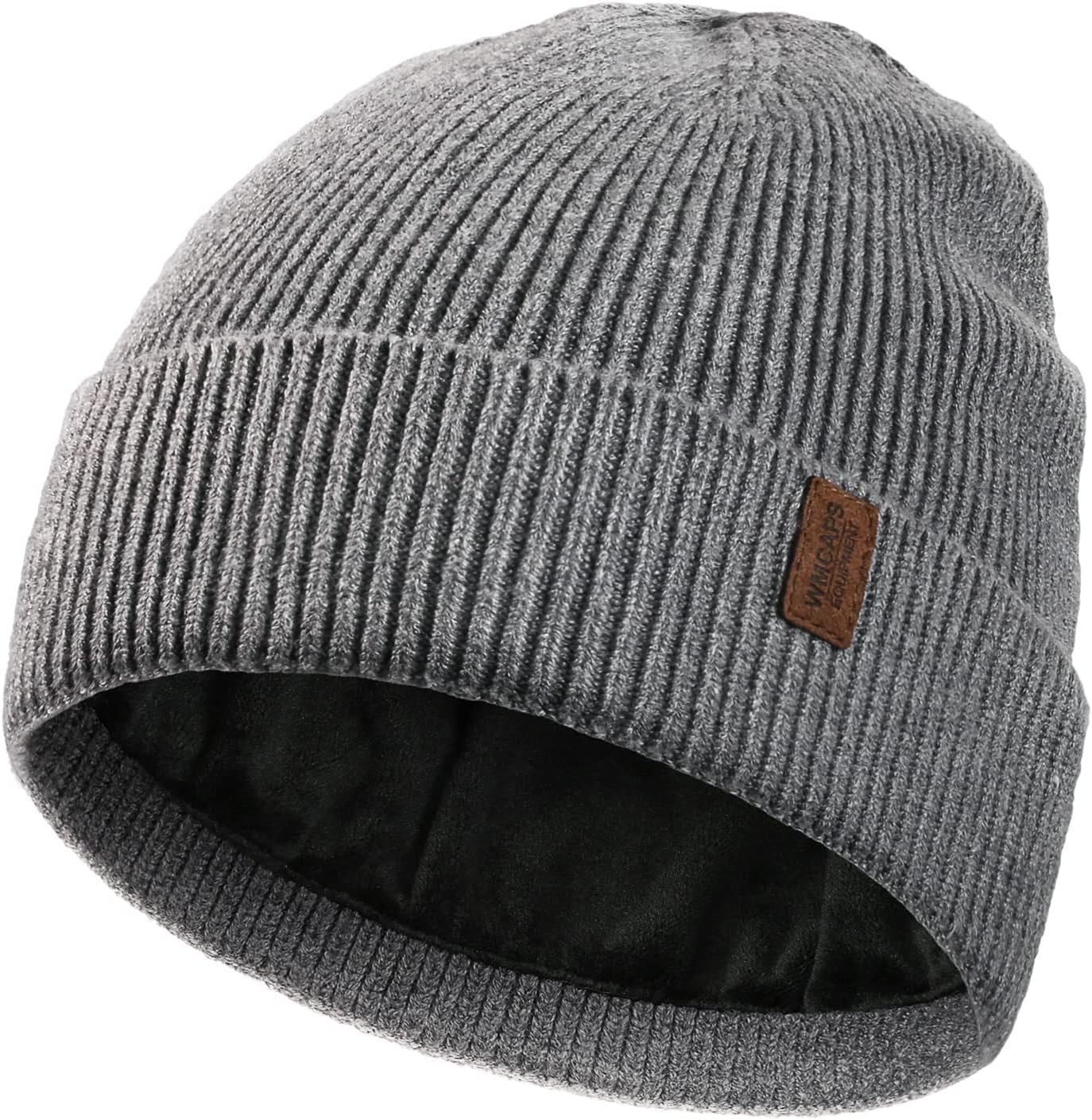 wmcaps-winter-beanie-for-men-women-warm-fleece-lined-knit-hat-01 Close-up of a Wmcaps Winter Beanie, showcasing its soft knit texture and warm fleece lining