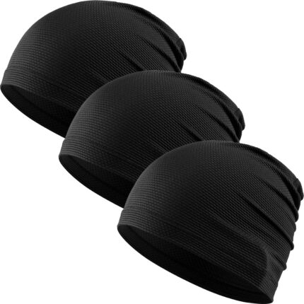 Three black WTACTFUL skull caps, lightweight and breathable, designed for use under helmets or during workouts.