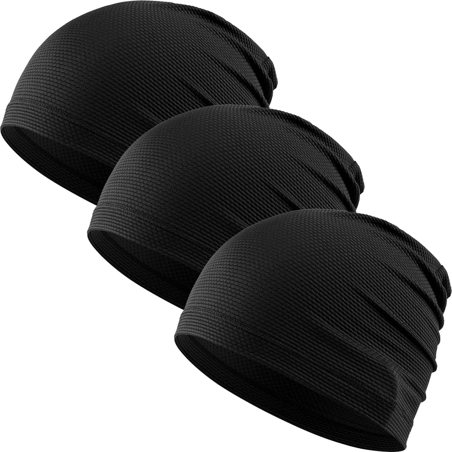 wtactful-3-pack-cooling-skull-caps-for-men-women-lightweight-helmet-liners-01 Three black WTACTFUL skull caps, lightweight and breathable, designed for use under helmets or during workouts.