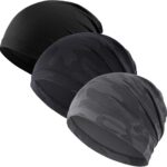 Three WTACTFUL skull caps in black, camo black, and camo gray, folded neatly on a plain background.