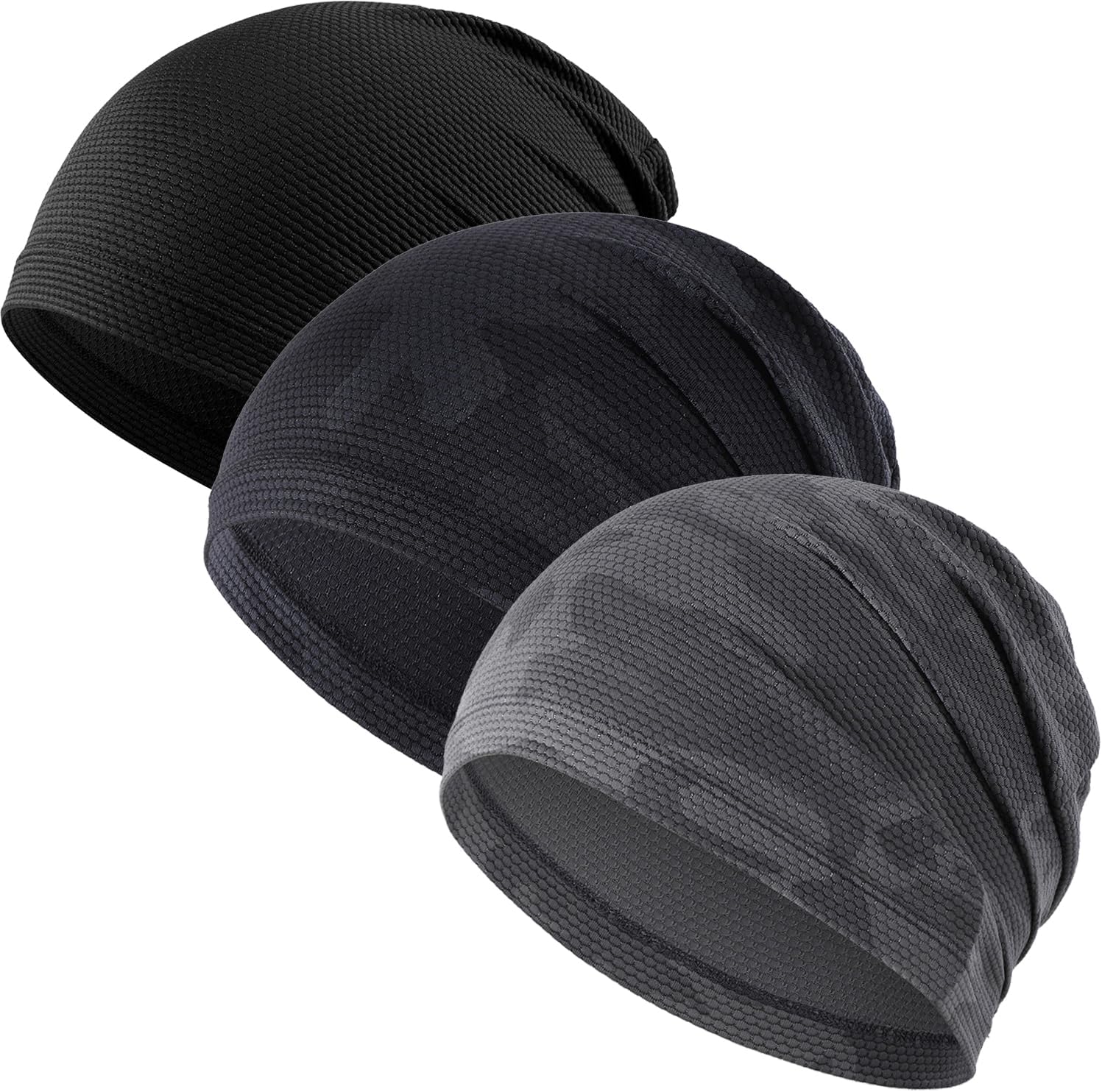 wtactful-3-pack-cooling-skull-caps-for-men-women-quick-dry-helmet-liner-01 Three WTACTFUL skull caps in black, camo black, and camo gray, folded neatly on a plain background.