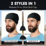 Three WTACTFUL skull caps in black, camo black, and camo gray, folded neatly on a plain background.